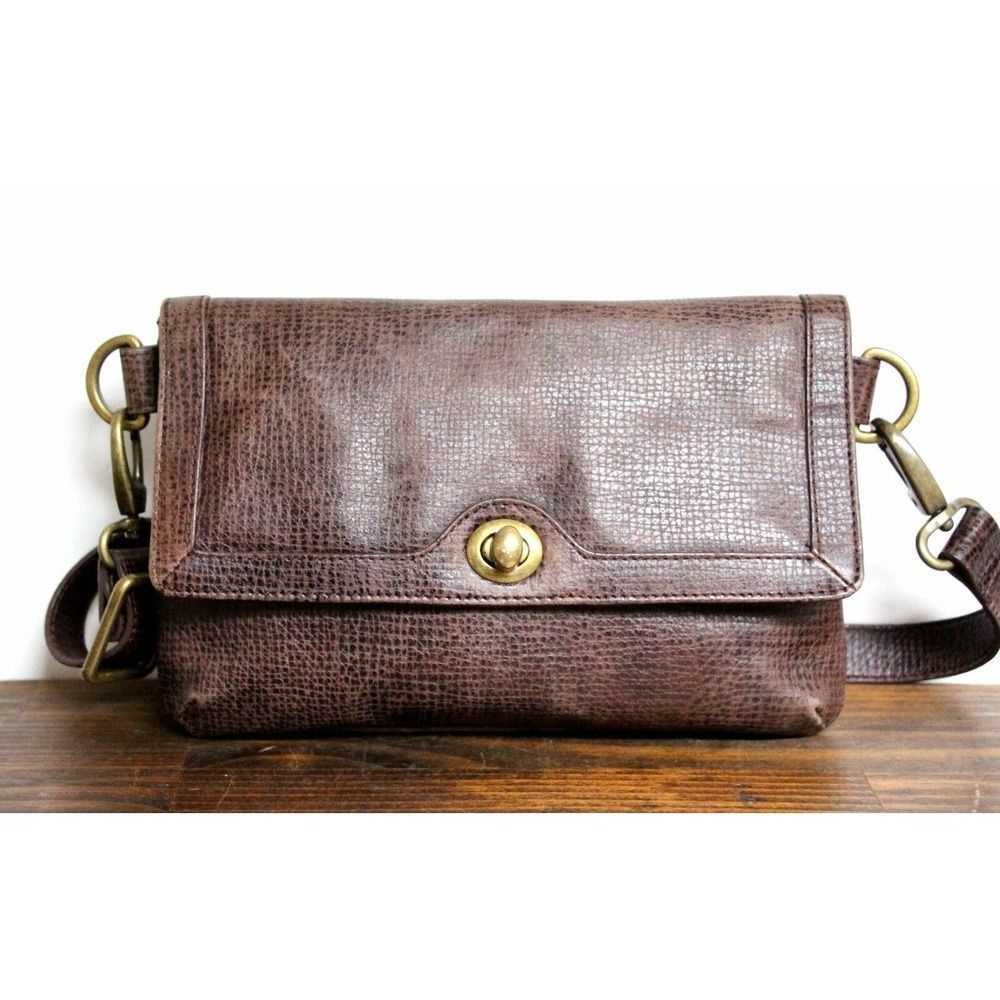 Trouve Textured Brown Genuine Leather Turn Lock Purse Crossbody Shoulder Bag